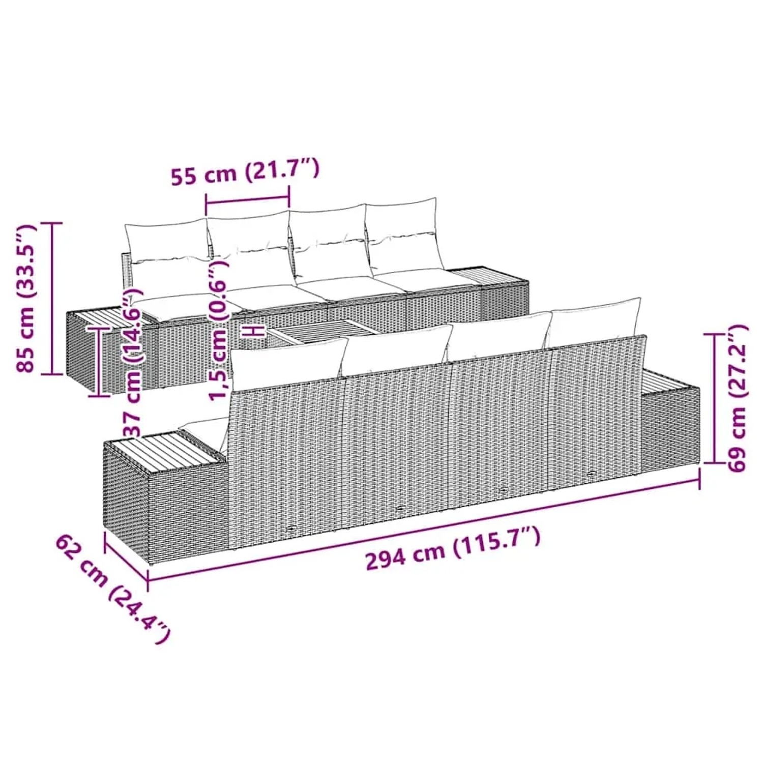 vidaXL Garten-Sofa-Set, 9-teilig, beige Poly Rattan, mit Maßangaben für Abmessungen.