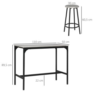 HOMCOM Bartisch Set mit 4 Barhockern, grau, aus MDF und Metall, mit Maßangaben.