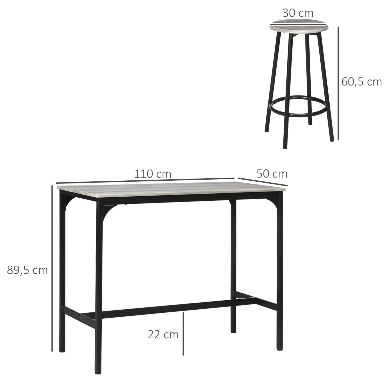 HOMCOM Bartisch Set mit 4 Barhockern, grau, aus MDF und Metall, mit Maßangaben.