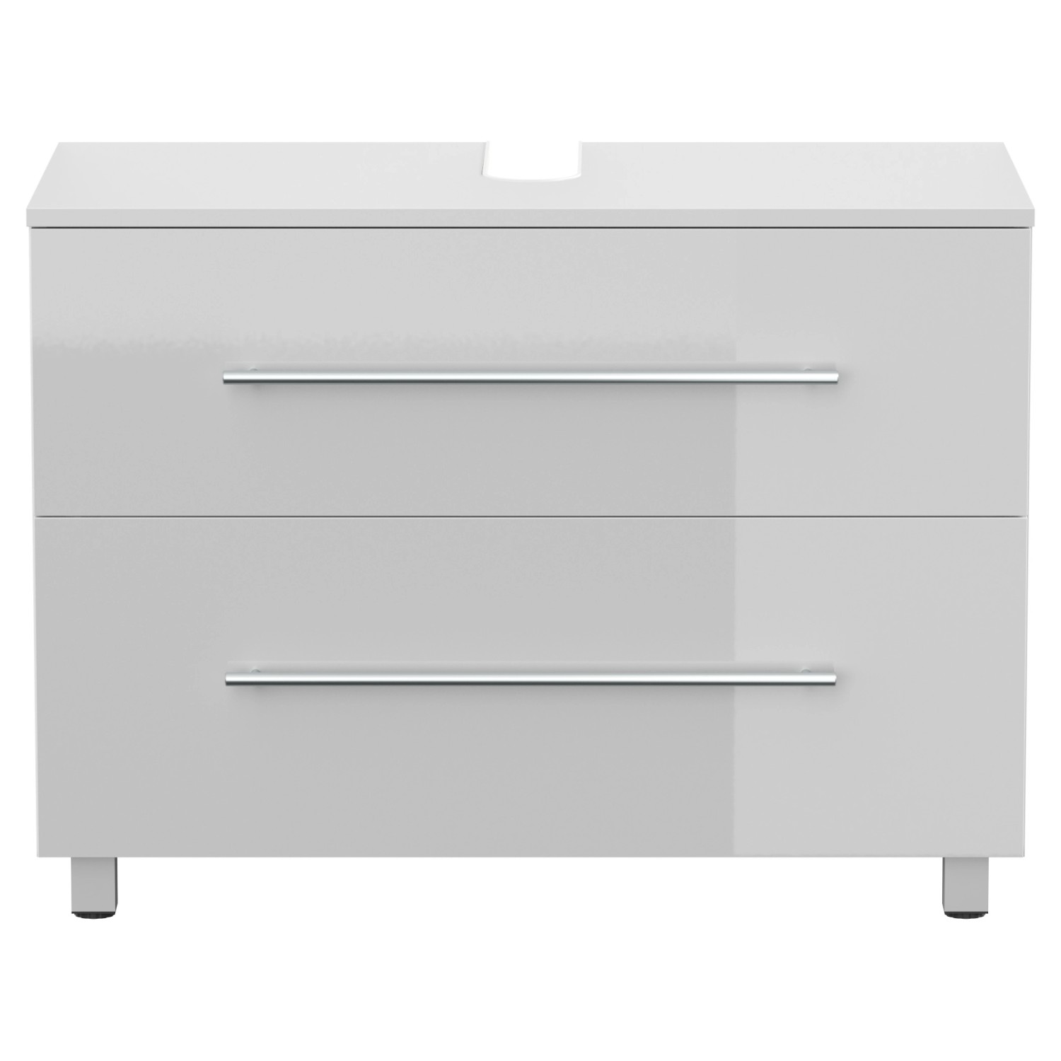 Posseik Waschbeckenunterschrank Mondial, 85 cm, Weiß Hochglanz mit zwei Schubladen und Standfüßen.