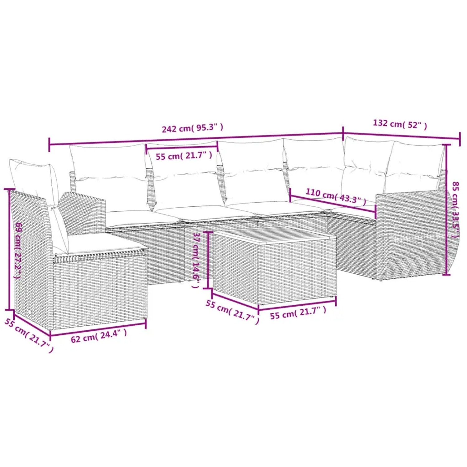 Schwarze 7-tlg. vidaXL Garten-Sofagarnitur aus Polyrattan mit Kissen und Tisch.