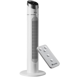 Weißer Tectake Turmventilator mit Fernbedienung, oszillierend, 3 Modi und Geschwindigkeitsstufen, 90 cm hoch.