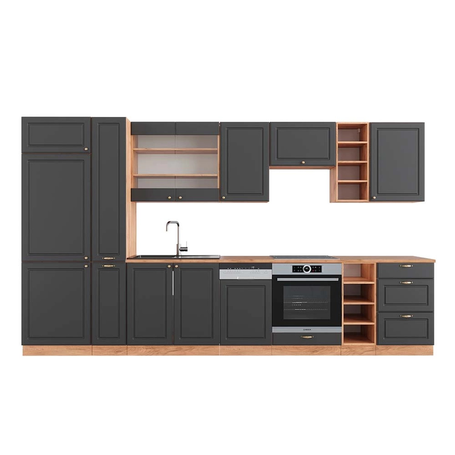 Vicco Fame-Line Küchenzeile Anthrazit Landhaus/Goldkraft Eiche 355 cm AP Ei günstig online kaufen