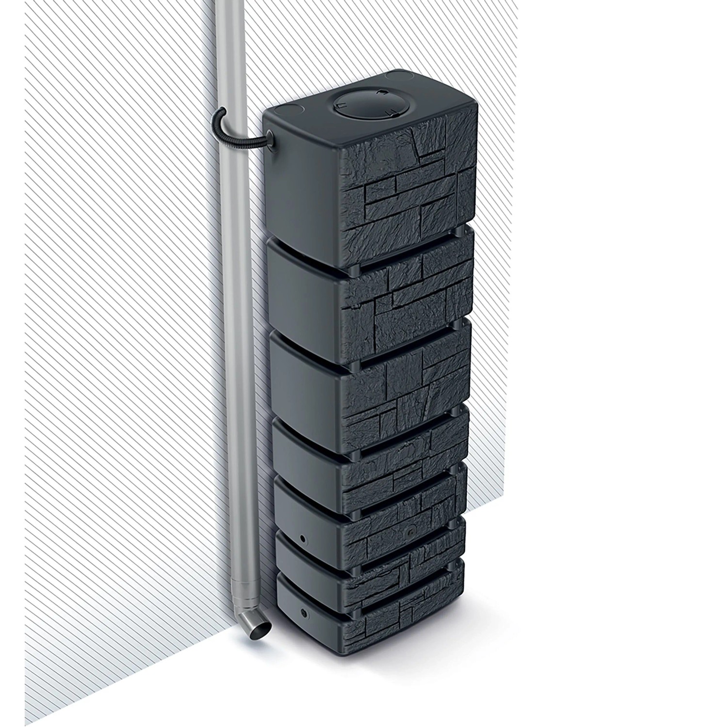 Anthrazitfarbene Waterform Regentonne Tower Stone mit 350 l Fassungsvermögen und Steinoptik.