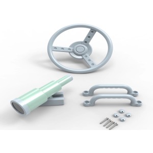 OutdoorToys Abenteuerset in Eisblau: Lenkrad, Teleskop, Haltegriffe und Schrauben für Spieltürme.