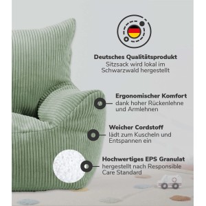 Grüner mokebo Kindersessel 'Der Pausenheld' aus Cord, bequemer Kindersitzsack für Kinder.