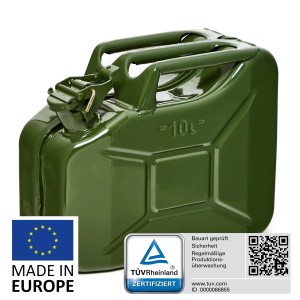 Olivgrüner 10L Metall Kraftstoffkanister, TÜV-geprüft, ideal für Benzin, Diesel und E10.