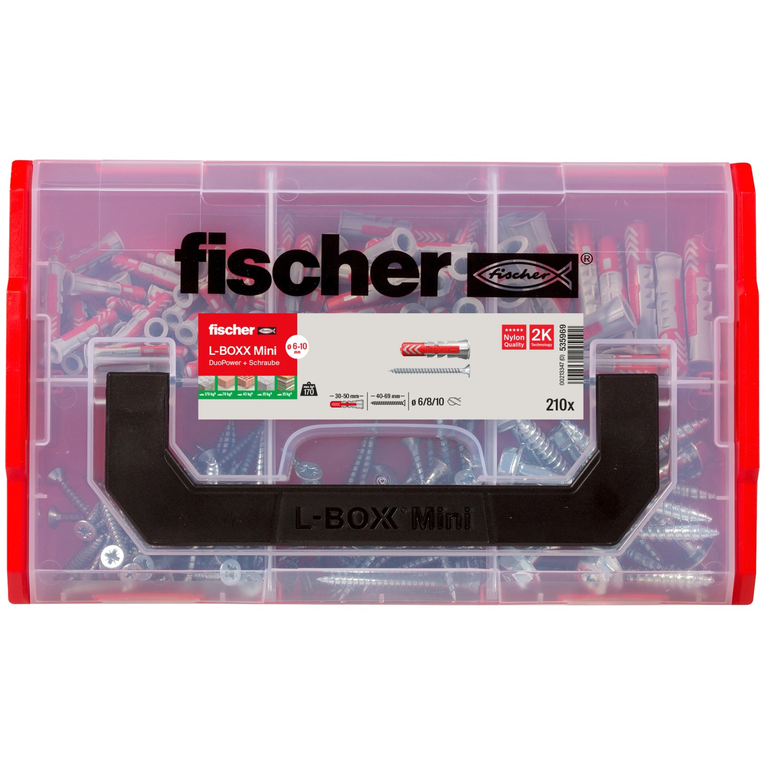 Fischer L-BOXX Mini mit DuoPower Dübeln und Schrauben, 210-teiliges Dübelset im transparenten Kasten.