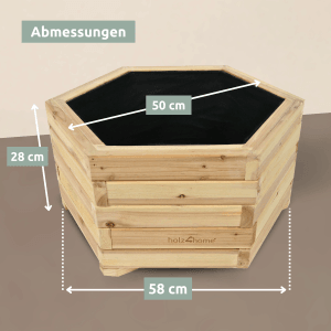 Sechseckiger holz4home Pflanzenkübel M aus Tannenholz mit Maßangaben.