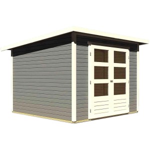 Karibu Gartenhaus Sitten 4, terragrau, mit Doppeltür und Fenstern. Holz-Gartenhaus für Gartengeräte.