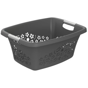 Anthrazitfarbener Rotho Wäschekorb Flowers (25 l) mit Blumendekor und Tragegriffen.