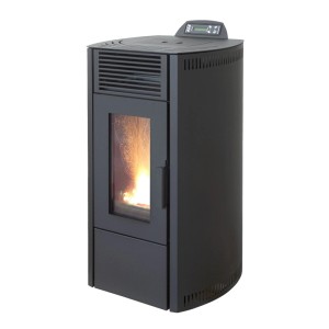 Schwarzer Rowi Pelletofen aus Stahl mit Sichtfenster und Flammen.