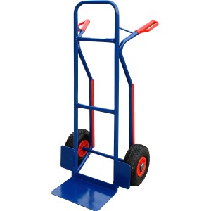 Blaue Sackkarre mit Treppenrutsche, 200 kg Tragkraft, Luftbereifung und Kunststoffgleitschutz.