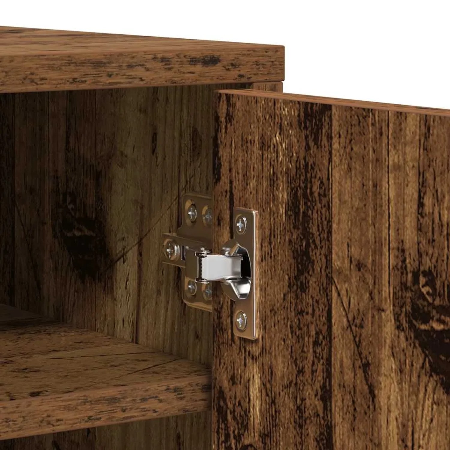 Nahaufnahme des vidaXL Schuhschranks in Altholz-Optik. Zeigt ein Scharnier, die Tür und ein Regal aus Holzwerkstoff.