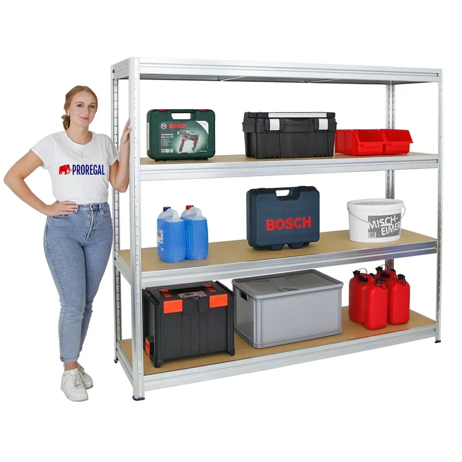 Verzinktes PROREGAL Schwerlastregal Dino 180x200x60cm mit Werkzeug und Behältern auf den Regalböden.