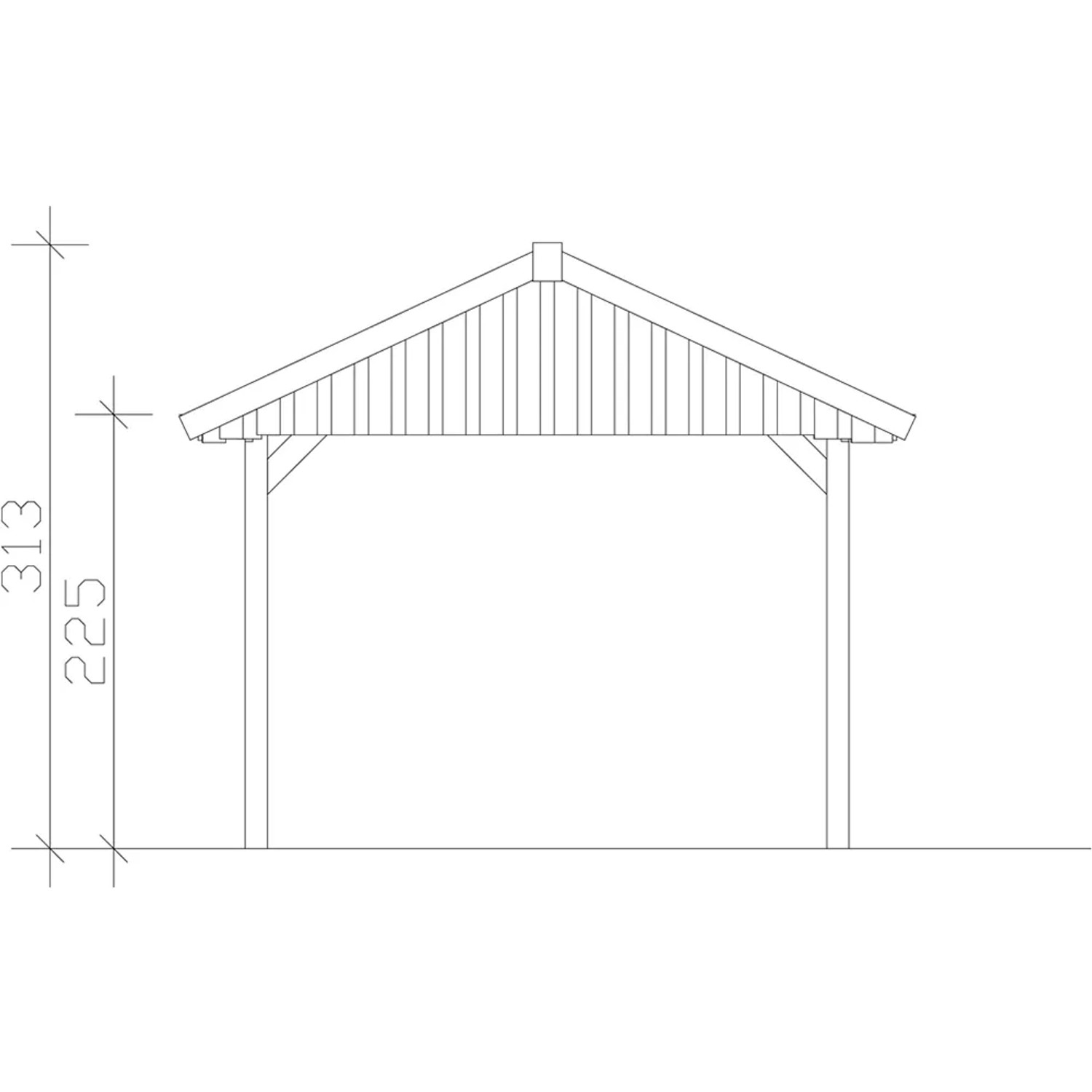 Skizze Satteldach-Carport Wallgau Nussbaum, 380x500 cm, mit Maßangaben.
