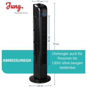 Schwarzer JUNG TVE22 Turmventilator mit Maßen und Drehregler. 76cm hoher Standventilator, leicht bedienbar.