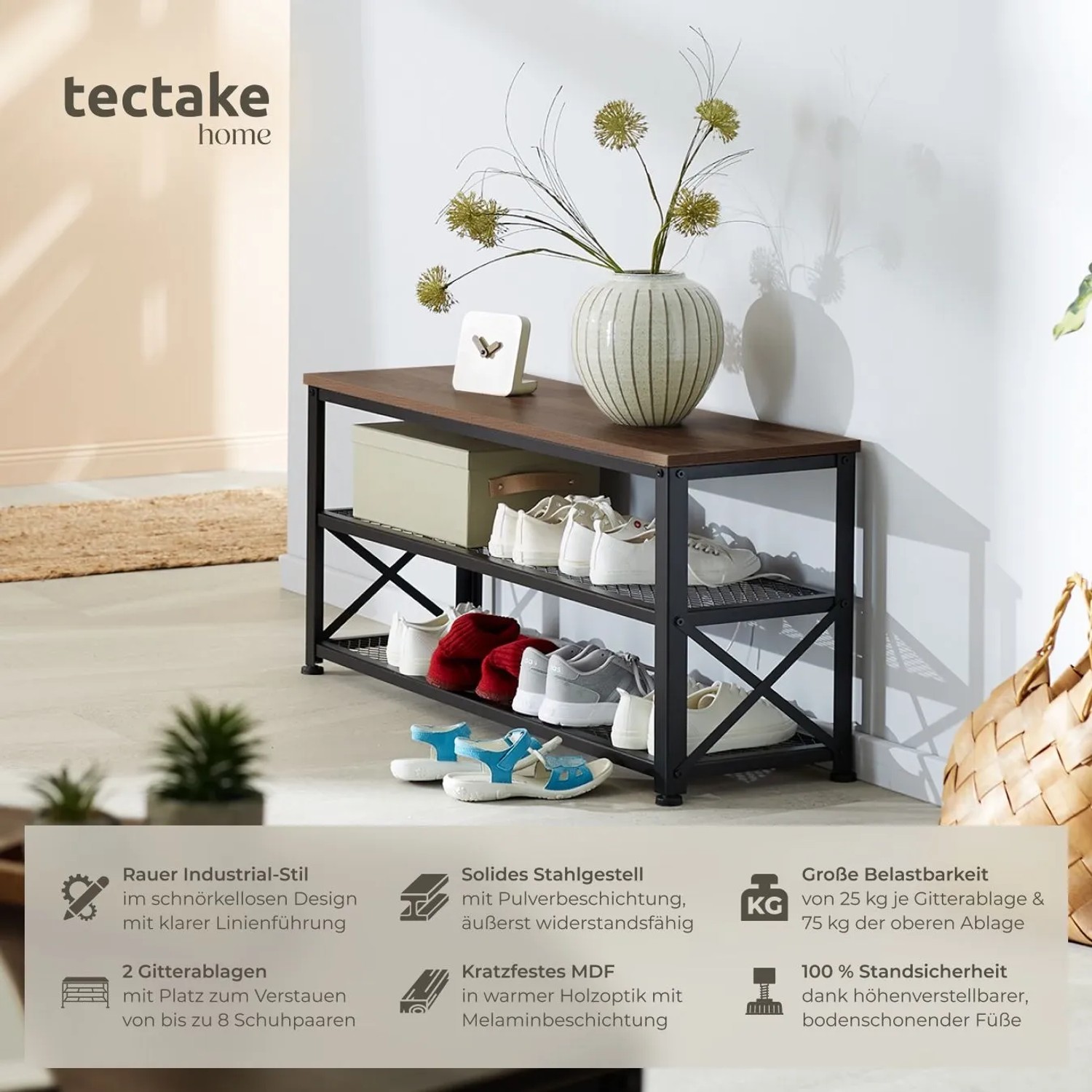 Tectake Schuhregal Blackpool Industrial Style. Dunkles Holz-MDF, schwarzer Stahlrahmen, zwei Gitterablagen für Schuhe.