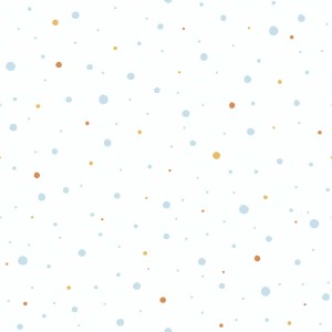 Dezente Kindertapete mit blauen und braunen Punkten auf weißem Grund.