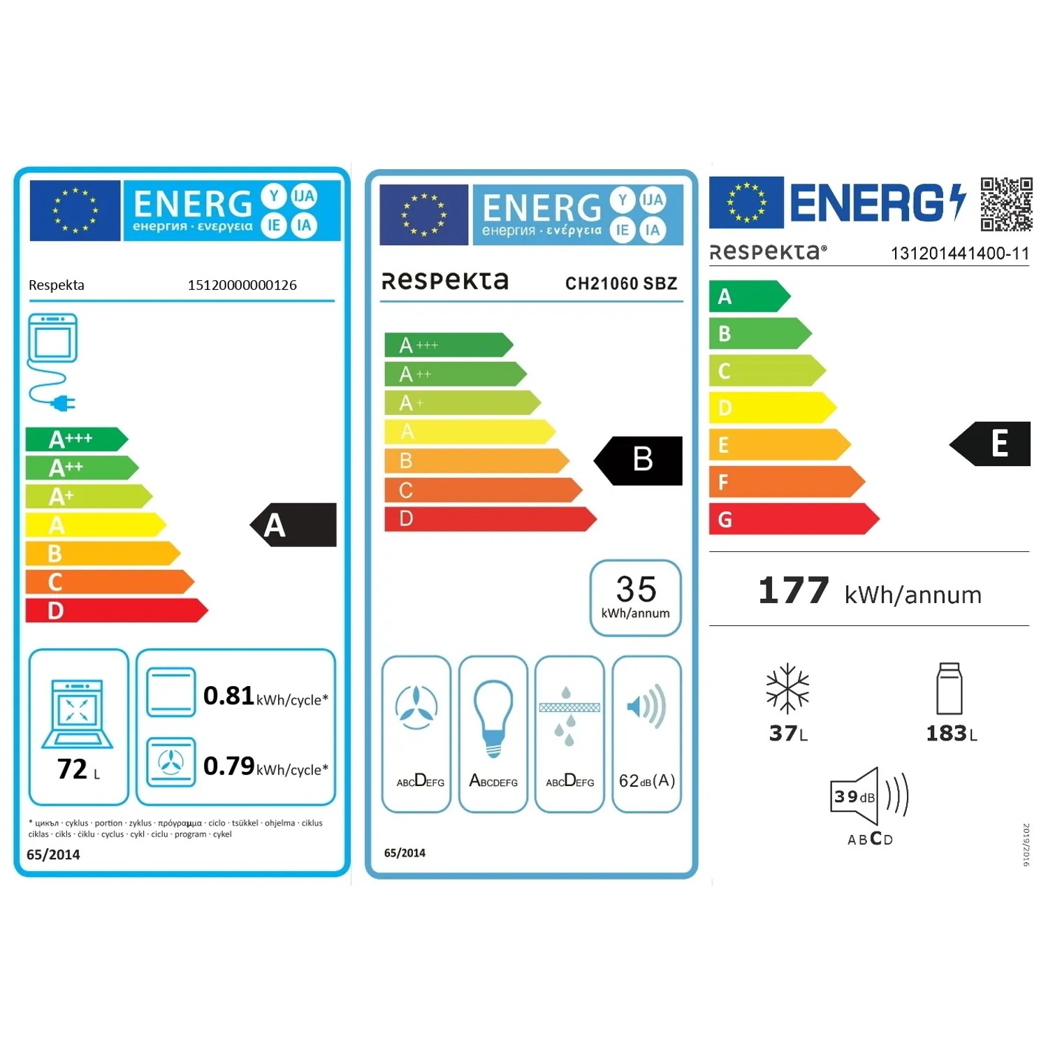 Energieeffizienzlabel der Respekta Küchenzeile KB270ESSCGKE mit Elektrogeräten.