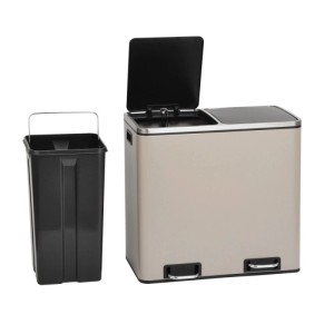 Taupefarbener Svita TM2X24 Treteimer 48L aus Stahl mit zwei Fächern für Mülltrennung. Ein schwarzer Inneneimer ist separat sichtbar.