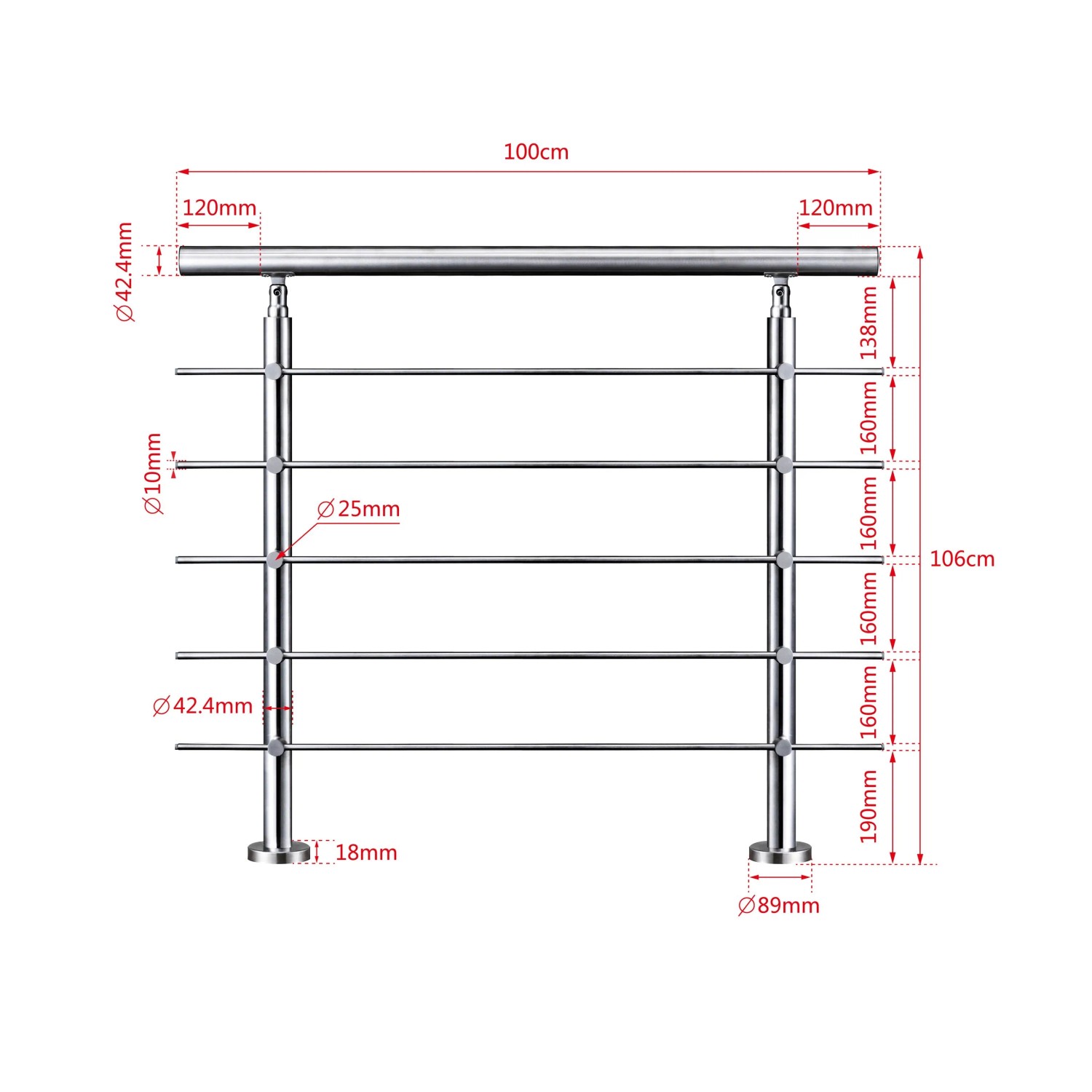 Edelstahl-Treppengeländer, 100 cm breit, mit 5 Querstäben für Innen und Außen.