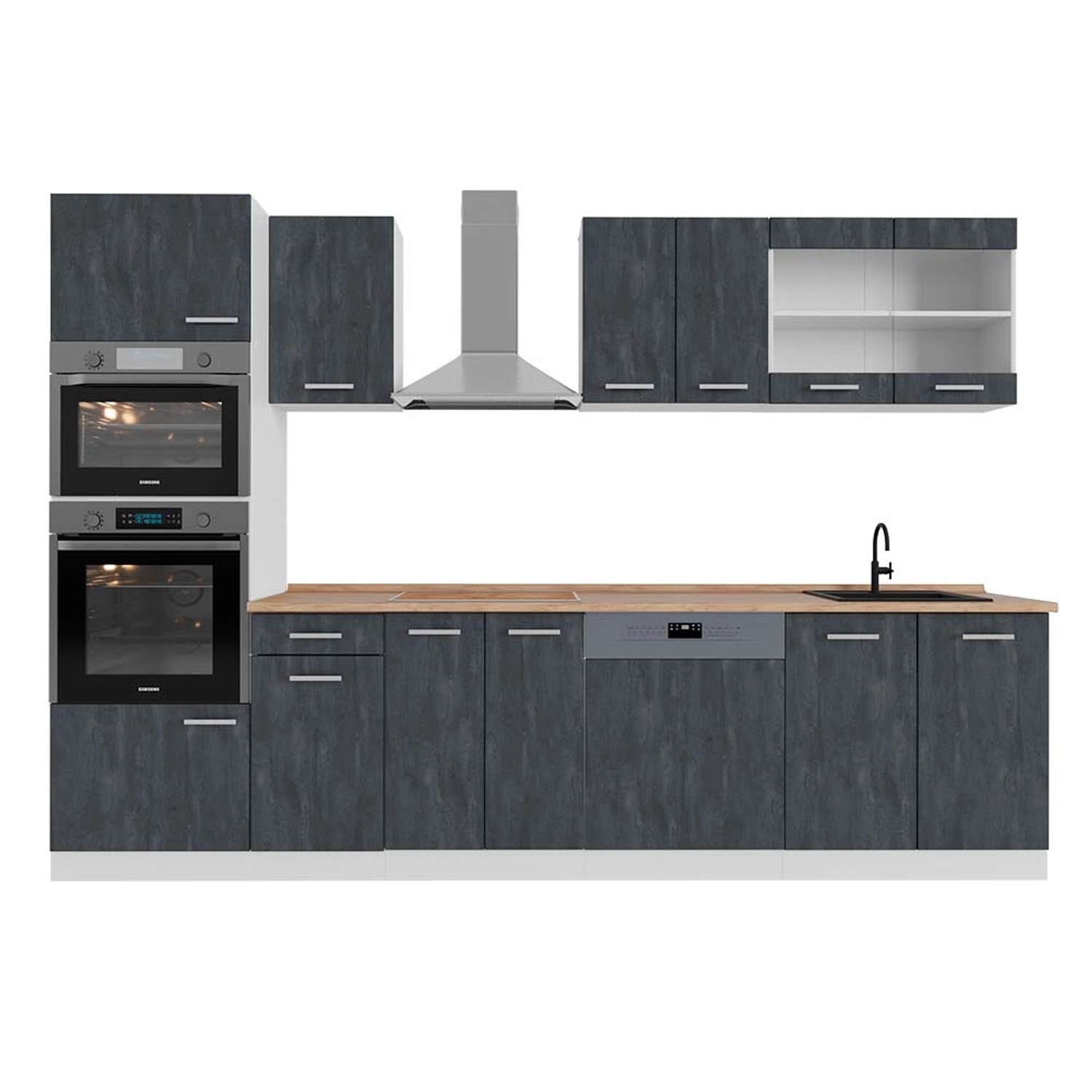 Vicco R-Line KomplettKüche Schwarz Beton/Weiß 300 cm AP Eiche Opt 2 günstig online kaufen