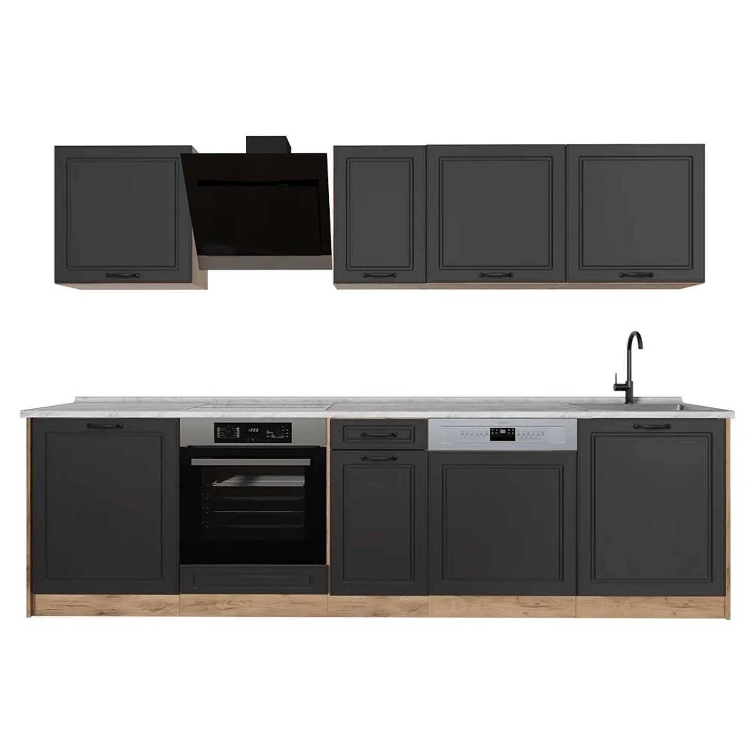 Vicco Küchenzeile R-Line Anthrazit Landhaus/Goldkraft Eiche 280 x 207 Arbeitsplatte Marmor Art Nr 67912
