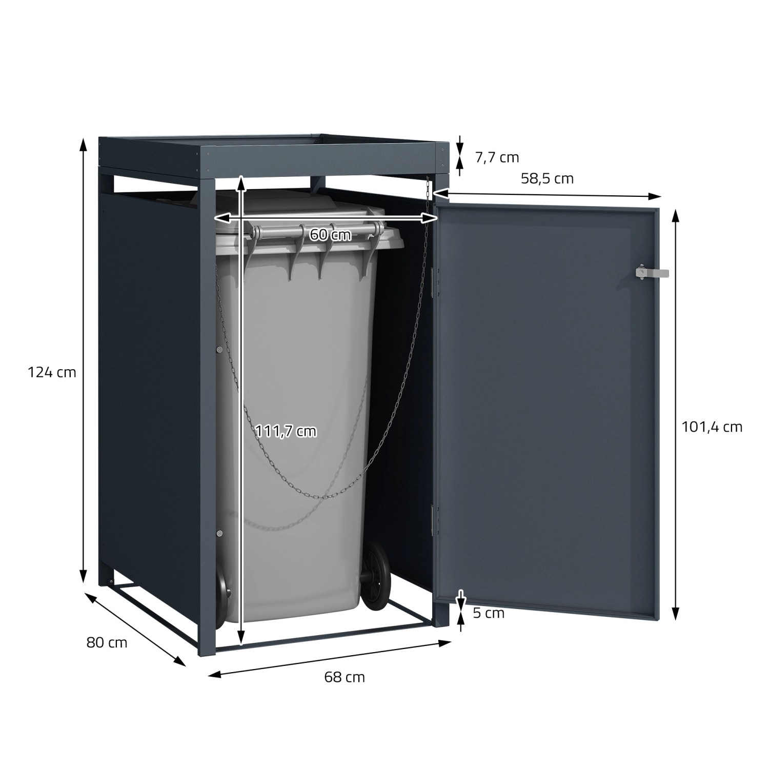 ML-Design Mülltonnenbox 3er mit Pflanzdach, anthrazitfarben, mit Maßangaben.