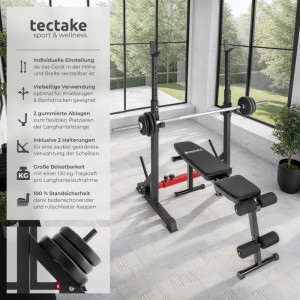 Tectake Squat Rack Apollo mit Hantelbank, verstellbar für Kniebeugen und Bankdrücken. Ideal für dein Home-Gym.