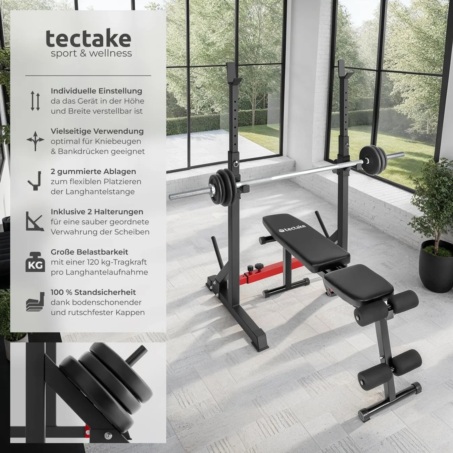 Tectake Squat Rack mit Hantelbank, verstellbar für Kniebeugen und Bankdrücken im Home-Gym.
