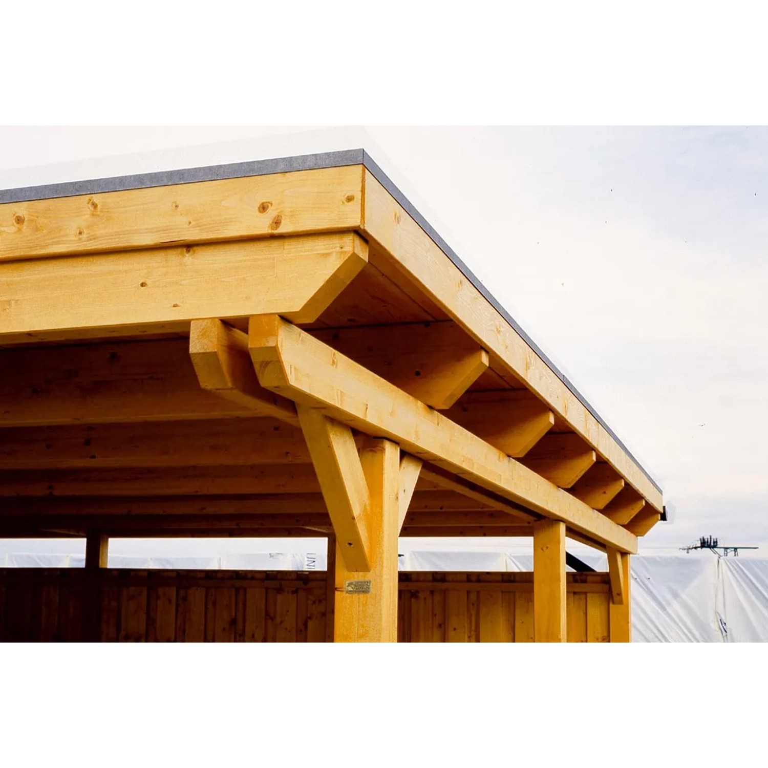 Detailansicht des Skan Holz Doppelcarports aus Leimholz in Nussbaum, zeigt Dachkonstruktion und Pfosten.