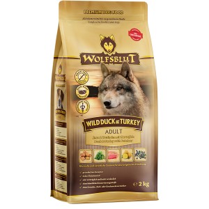 Wolfsblut Hundetrockenfutter Wild Duck & Turkey Adult, 2kg. Glutenfreies Trockenfutter für Hunde mit Ente und Truthahn.