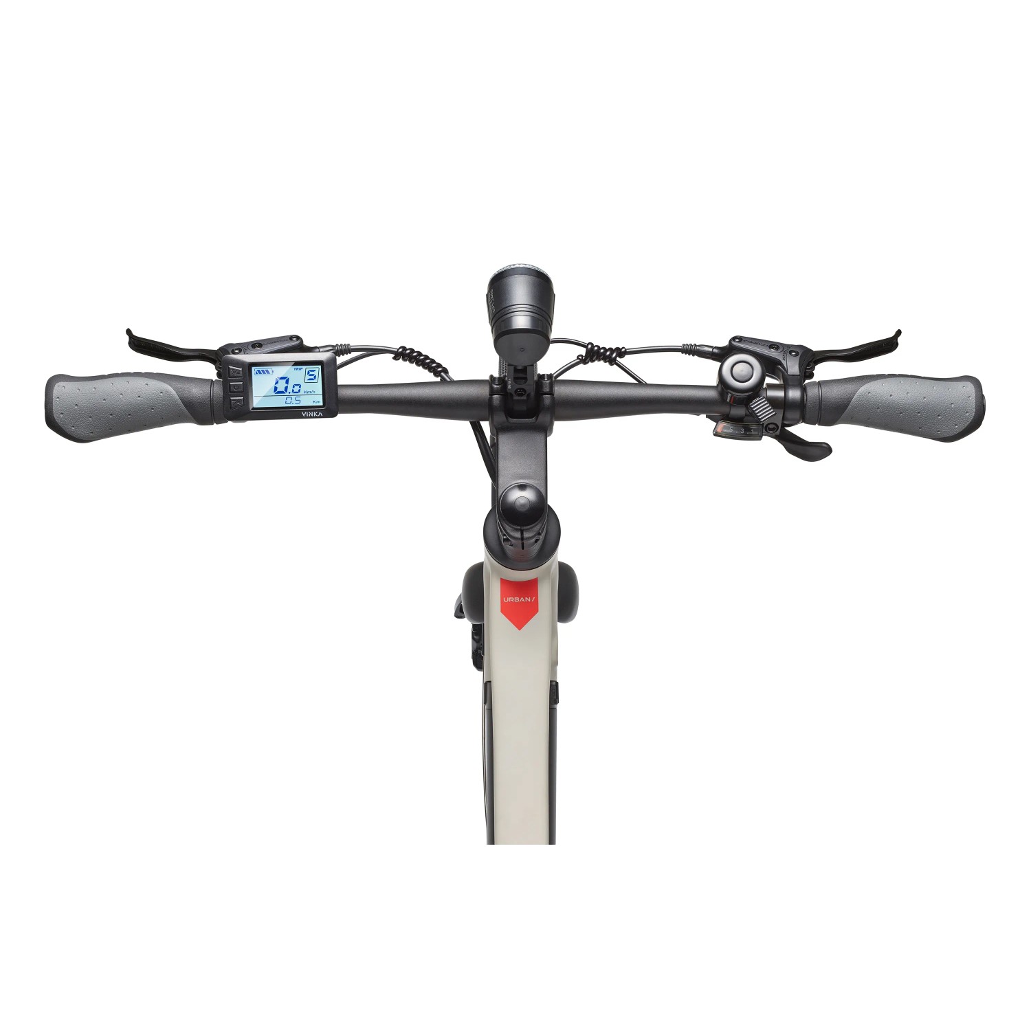 TELEFUNKEN E-Bike UH210: Lenkeransicht mit Display, Licht und Bremshebel in seidengrau.
