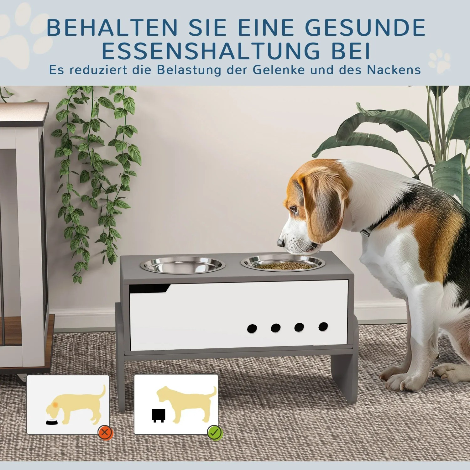 Höhenverstellbarer PawHut Hundenapf aus MDF und Stahl, grau, mit zwei Edelstahlnäpfen.
