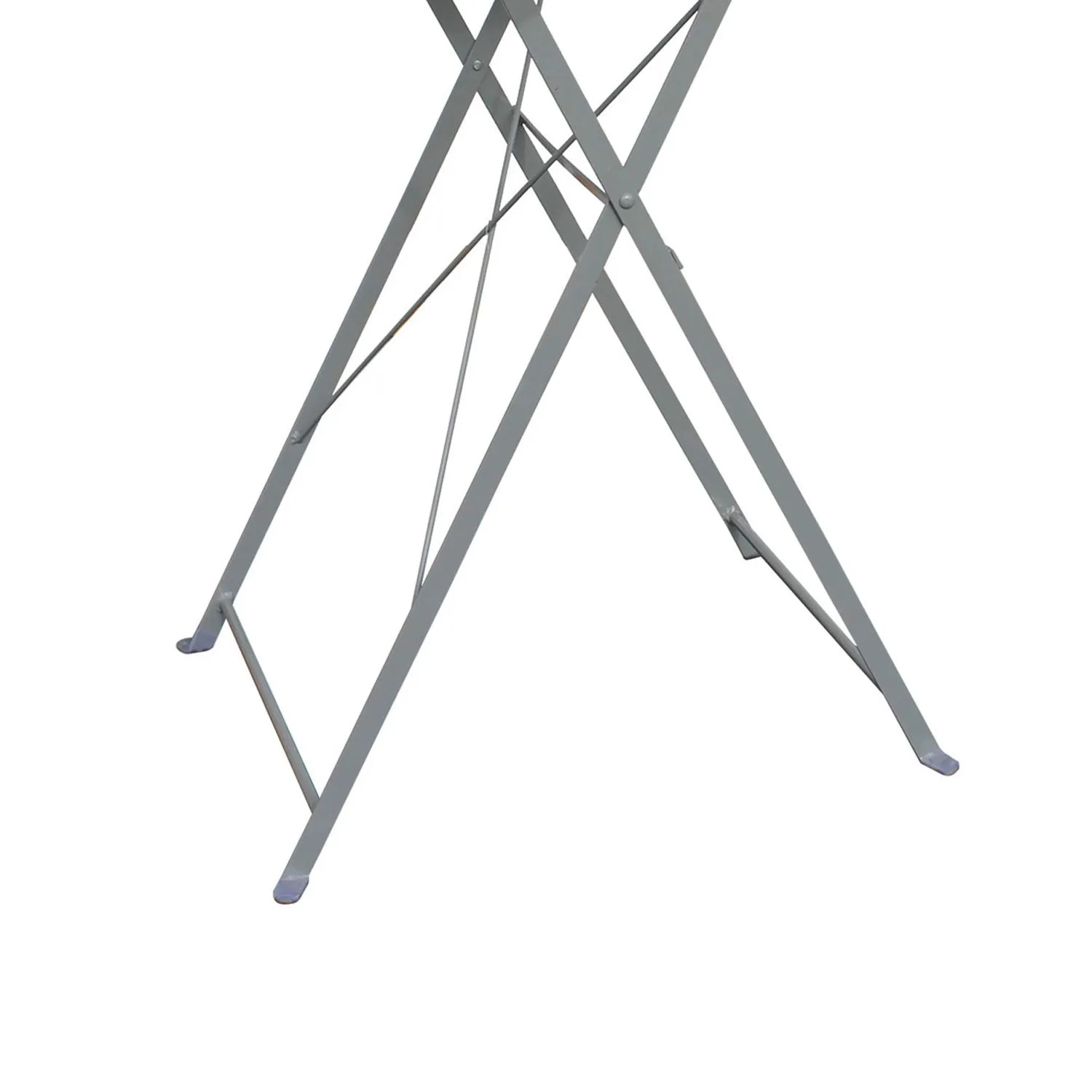 Detailaufnahme des klappbaren Mojawo Biergarten Stehtischs aus Akazie und Stahl, Fokus auf das silbergraue Gestell.