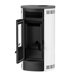 Weißer Sannover Luft-Pelletofen Flavia 9,5 kW mit offener Tür. Zylindrisches Design.