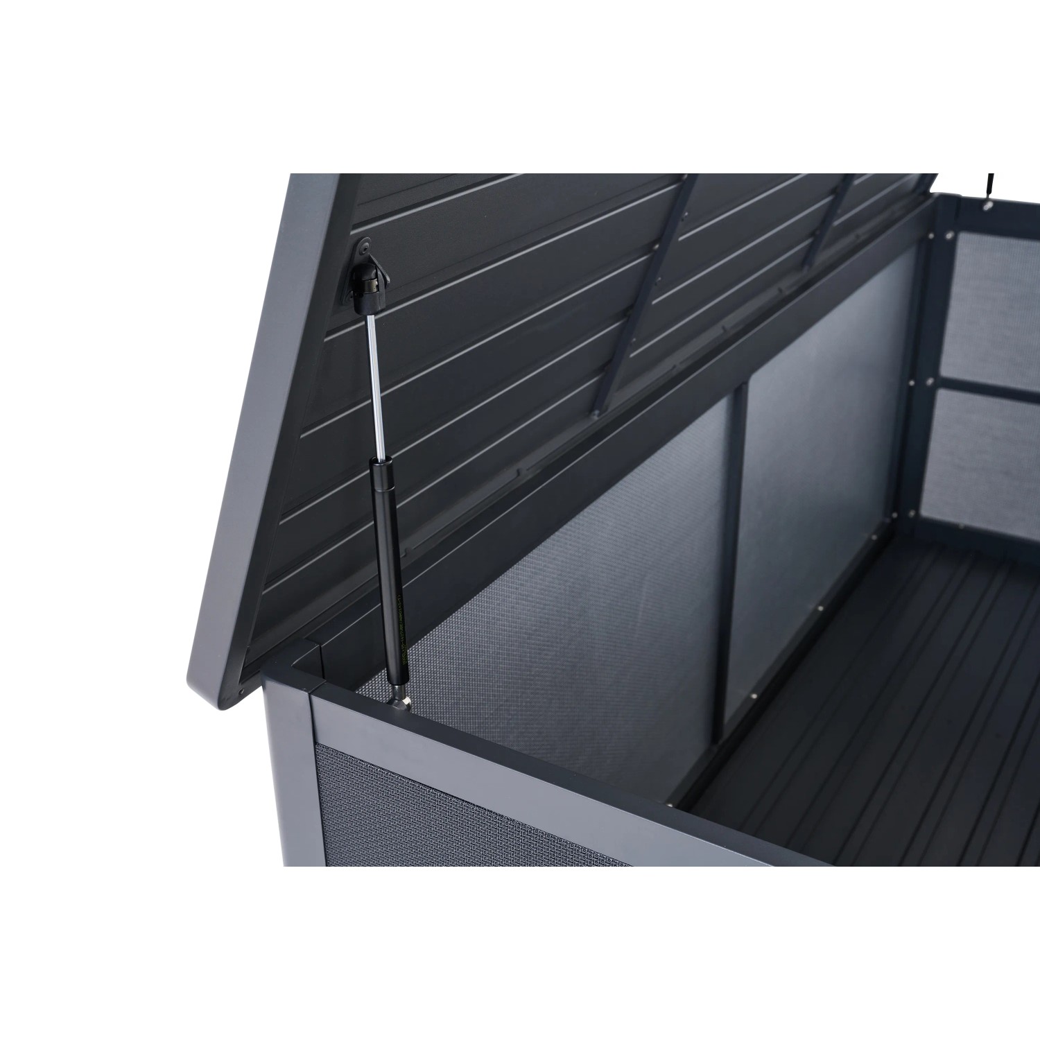 Geöffnete, dunkelgraue Siena Garden Kissenbox Sabano (181x79x75 cm) mit Dämpfer.