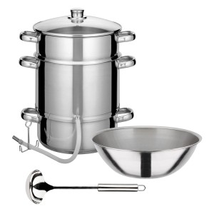 GSW Edelstahl-Entsafter 7-teiliges Set mit Glasdeckel, Ablaufröhrchen, Schüssel und Schöpflöffel. Induktionsgeeignet.
