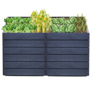 Anthrazitfarbenes Garantia Hochbeet-Set Ergo Quadro 160x80x75 cm mit Bepflanzung.