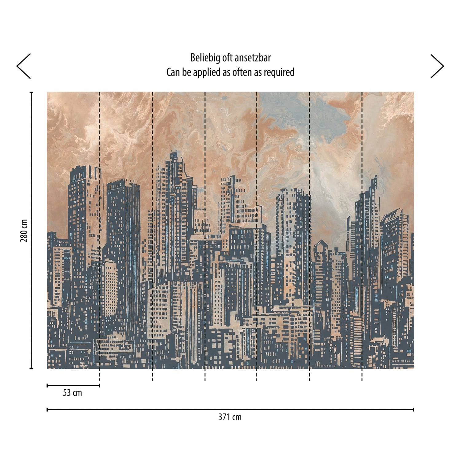 Fototapete mit Architektur-Motiv in Orange, Grau und Blau. Skyline-Design für Wohnräume.