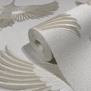 Rolle Marburg Vliestapete mit grafischem Vogelmuster in Weiß-Beige.