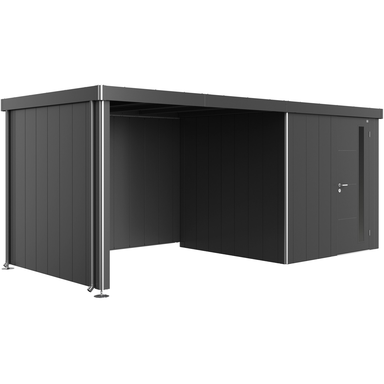 Biohort Seitendach in Dunkelgrau-Metallic für Gerätehaus Neo, mit Stützen und Regenfallrohren.