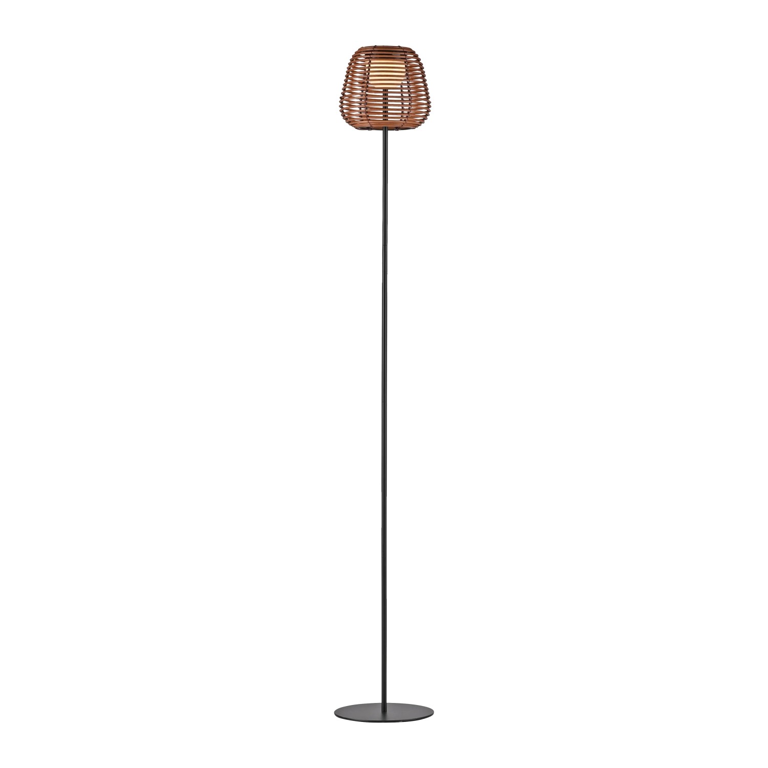 Schwarze LED-Akku-Stehleuchte Askia, 120 cm, mit Rattan-Schirm für stimmungsvolle Beleuchtung.