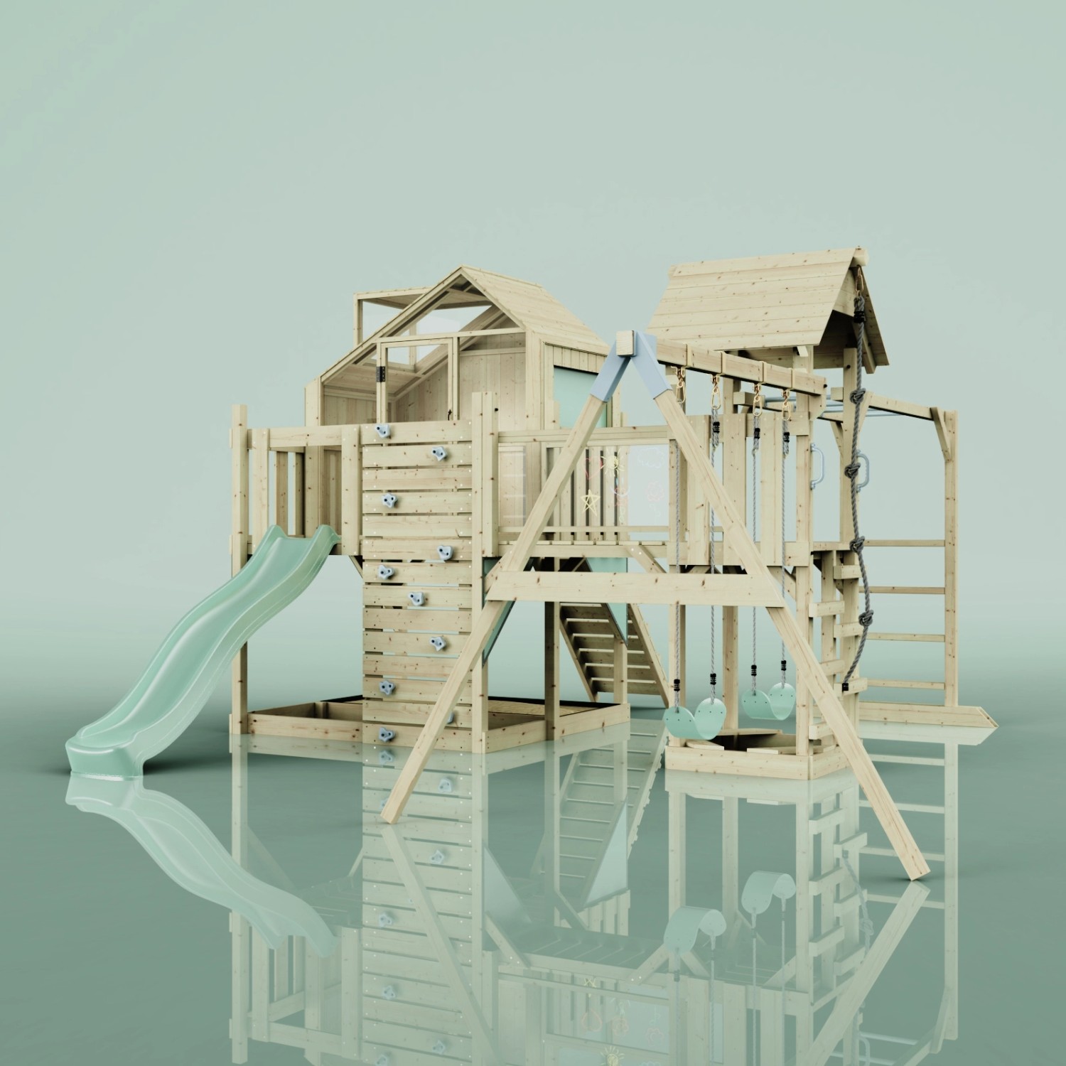 OutdoorToys Spielturm Knut mit Schaukel, Rutsche und Kletterwand in Mintgrün.