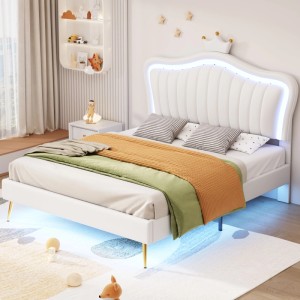 Weißes Merax Kinderbett 140x200cm mit Muschel-Kopfteil, goldener Krone und integrierter LED-Beleuchtung.