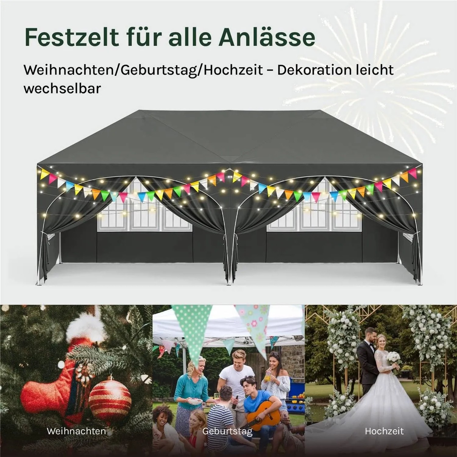 Grauer WOLTU Pavillon 3x6m, höhenverstellbar, dekoriert für Feste wie Weihnachten, Geburtstag, Hochzeit.