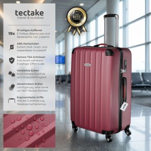 Rotes Tectake Cleo Hartschalenkoffer Set, 19-teilig, mit Teleskopgriff, TSA-Schloss und Rollen im Flughafen.