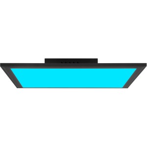 Schwarzes LED-Deckenpanel Abie 40x40 cm mit RGB-Farbsteuerung und blauem Licht.