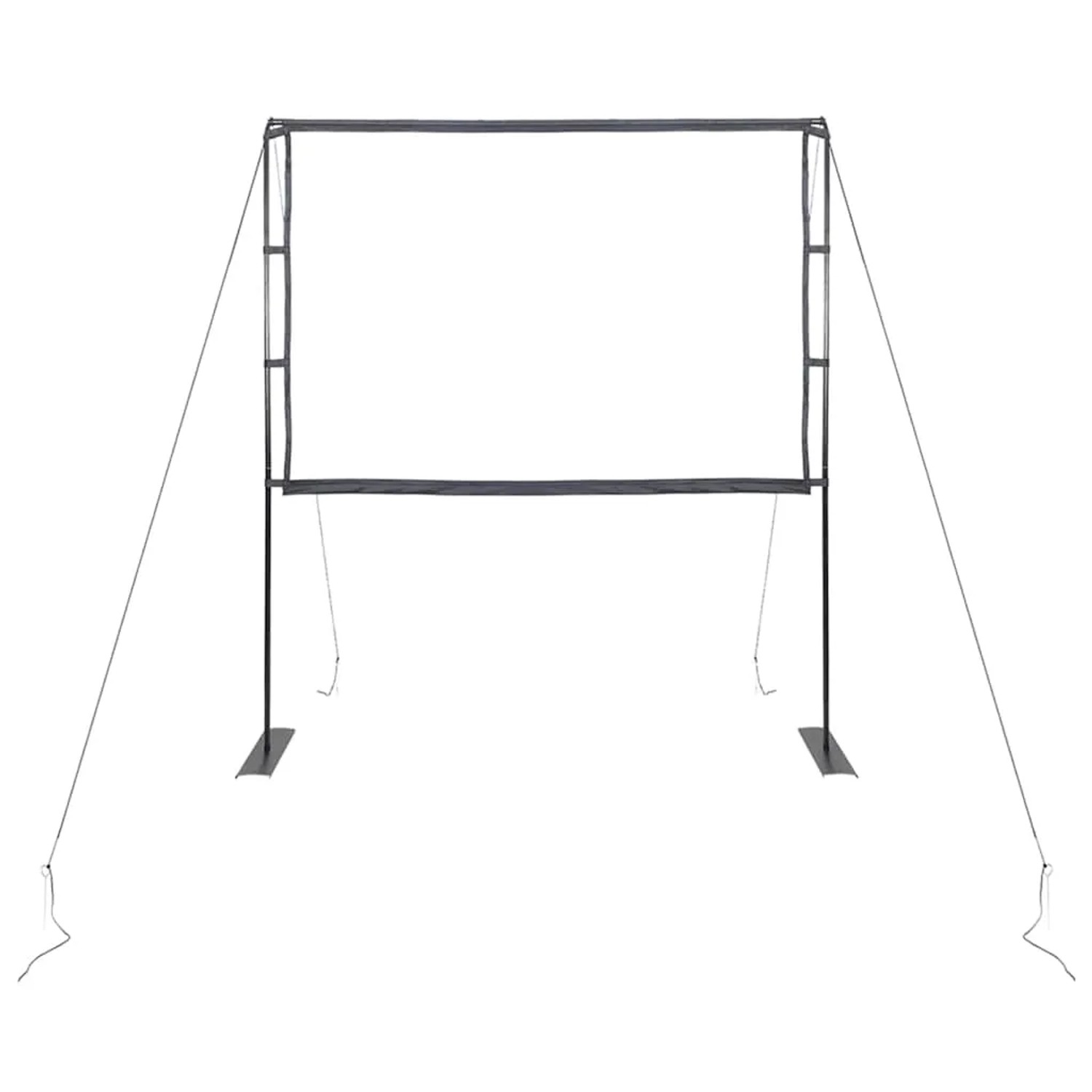 Weiße 90 Zoll Projektionsleinwand mit schwarzem Metallständer und Abspannseilen, 4:3 Format.